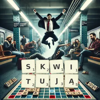 Kreatywna ilustracja do gry w Scrabble ze słowem SKWITUJĄ ułożonym z płytek na planszy.