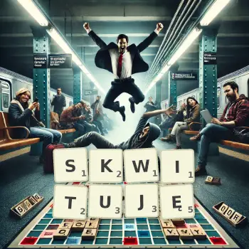 Kreatywna ilustracja do gry w Scrabble ze słowem SKWITUJĘ ułożonym z płytek na planszy.