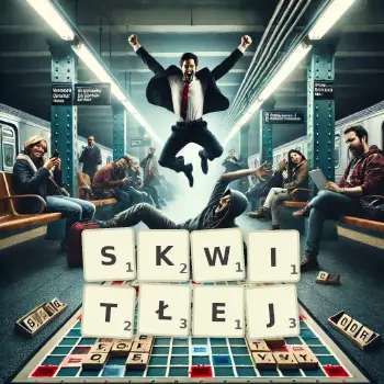 Kreatywna ilustracja do gry w Scrabble ze słowem SKWITŁEJ ułożonym z płytek na planszy.