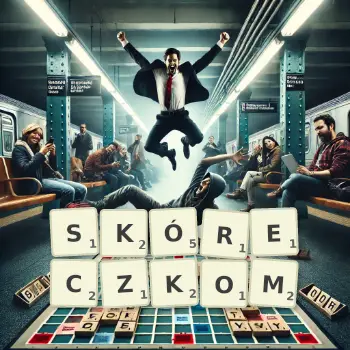 Kreatywna ilustracja do gry w Scrabble ze słowem SKÓRECZKOM ułożonym z płytek na planszy.