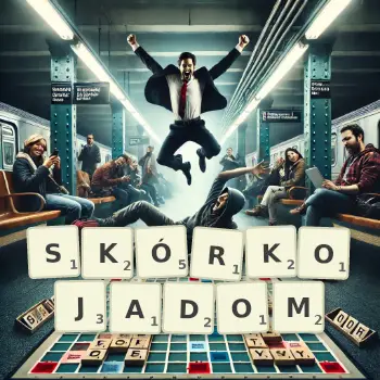 Kreatywna ilustracja do gry w Scrabble ze słowem SKÓRKOJADOM ułożonym z płytek na planszy.