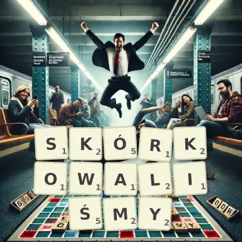 Kreatywna ilustracja do gry w Scrabble ze słowem SKÓRKOWALIŚMY ułożonym z płytek na planszy.
