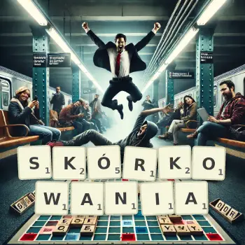 Kreatywna ilustracja do gry w Scrabble ze słowem SKÓRKOWANIA ułożonym z płytek na planszy.