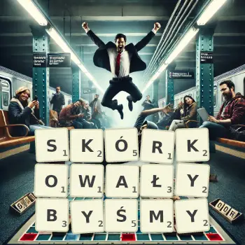 Kreatywna ilustracja do gry w Scrabble ze słowem SKÓRKOWAŁYBYŚMY ułożonym z płytek na planszy.