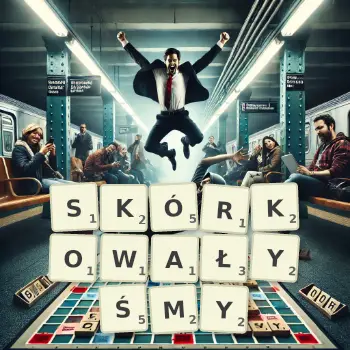 Kreatywna ilustracja do gry w Scrabble ze słowem SKÓRKOWAŁYŚMY ułożonym z płytek na planszy.