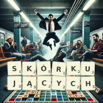 Kreatywna ilustracja do gry w Scrabble ze słowem SKÓRKUJĄCYCH ułożonym z płytek na planszy.