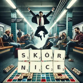 Kreatywna ilustracja do gry w Scrabble ze słowem SKÓRNICE ułożonym z płytek na planszy.