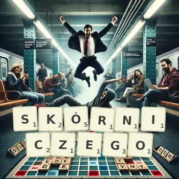 Kreatywna ilustracja do gry w Scrabble ze słowem SKÓRNICZEGO ułożonym z płytek na planszy.