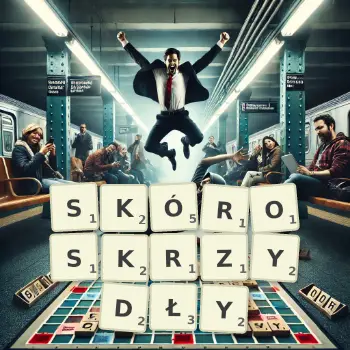 Kreatywna ilustracja do gry w Scrabble ze słowem SKÓROSKRZYDŁY ułożonym z płytek na planszy.