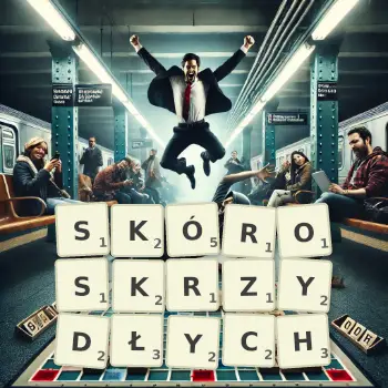 Kreatywna ilustracja do gry w Scrabble ze słowem SKÓROSKRZYDŁYCH ułożonym z płytek na planszy.