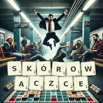 Kreatywna ilustracja do gry w Scrabble ze słowem SKÓROWACZCE ułożonym z płytek na planszy.