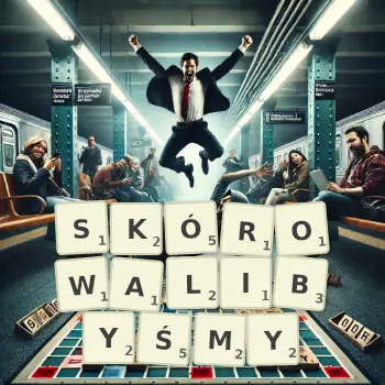 Kreatywna ilustracja do gry w Scrabble ze słowem SKÓROWALIBYŚMY ułożonym z płytek na planszy.
