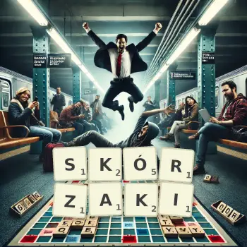 Kreatywna ilustracja do gry w Scrabble ze słowem SKÓRZAKI ułożonym z płytek na planszy.