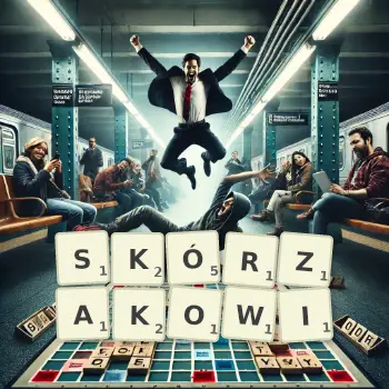 Kreatywna ilustracja do gry w Scrabble ze słowem SKÓRZAKOWI ułożonym z płytek na planszy.