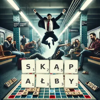 Kreatywna ilustracja do gry w Scrabble ze słowem SKĄPAŁBY ułożonym z płytek na planszy.