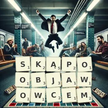 Kreatywna ilustracja do gry w Scrabble ze słowem SKĄPOOBJAWOWCEM ułożonym z płytek na planszy.