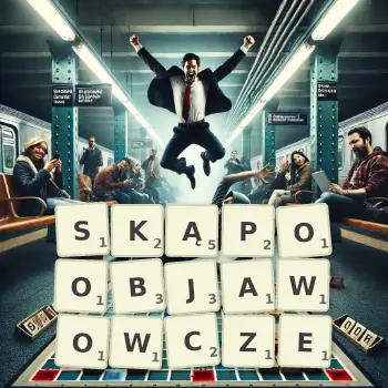 Kreatywna ilustracja do gry w Scrabble ze słowem SKĄPOOBJAWOWCZE ułożonym z płytek na planszy.