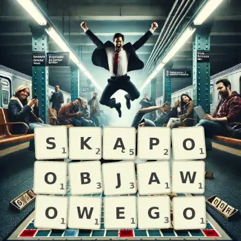 Kreatywna ilustracja do gry w Scrabble ze słowem SKĄPOOBJAWOWEGO ułożonym z płytek na planszy.