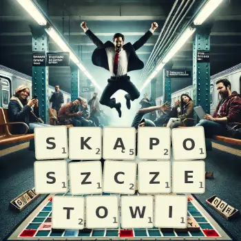 Kreatywna ilustracja do gry w Scrabble ze słowem SKĄPOSZCZETOWI ułożonym z płytek na planszy.