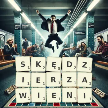 Kreatywna ilustracja do gry w Scrabble ze słowem SKĘDZIERZAWIENI ułożonym z płytek na planszy.