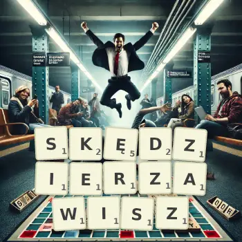 Kreatywna ilustracja do gry w Scrabble ze słowem SKĘDZIERZAWISZ ułożonym z płytek na planszy.