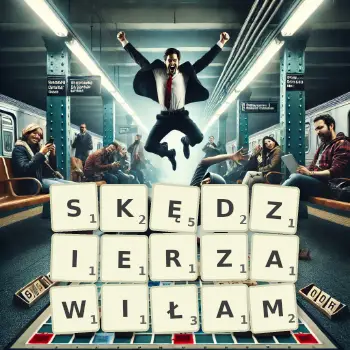 Kreatywna ilustracja do gry w Scrabble ze słowem SKĘDZIERZAWIŁAM ułożonym z płytek na planszy.