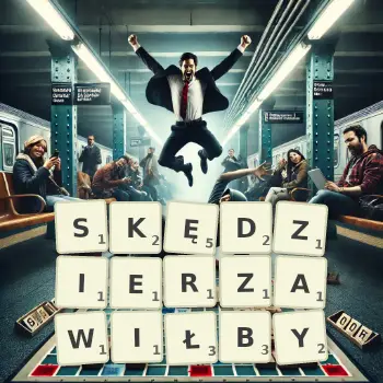 Kreatywna ilustracja do gry w Scrabble ze słowem SKĘDZIERZAWIŁBY ułożonym z płytek na planszy.