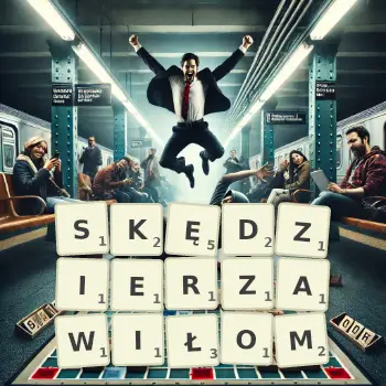 Kreatywna ilustracja do gry w Scrabble ze słowem SKĘDZIERZAWIŁOM ułożonym z płytek na planszy.