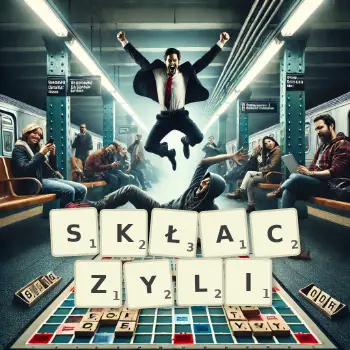 Kreatywna ilustracja do gry w Scrabble ze słowem SKŁACZYLI ułożonym z płytek na planszy.