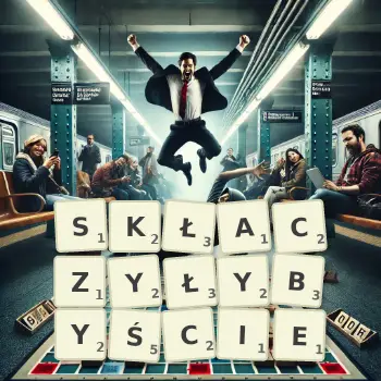 Kreatywna ilustracja do gry w Scrabble ze słowem SKŁACZYŁYBYŚCIE ułożonym z płytek na planszy.