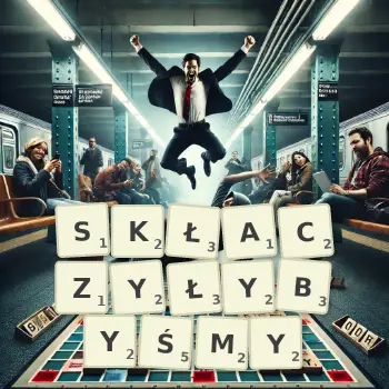 Kreatywna ilustracja do gry w Scrabble ze słowem SKŁACZYŁYBYŚMY ułożonym z płytek na planszy.