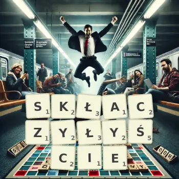 Kreatywna ilustracja do gry w Scrabble ze słowem SKŁACZYŁYŚCIE ułożonym z płytek na planszy.