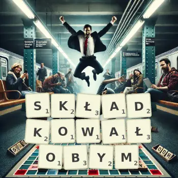 Kreatywna ilustracja do gry w Scrabble ze słowem SKŁADKOWAŁOBYM ułożonym z płytek na planszy.