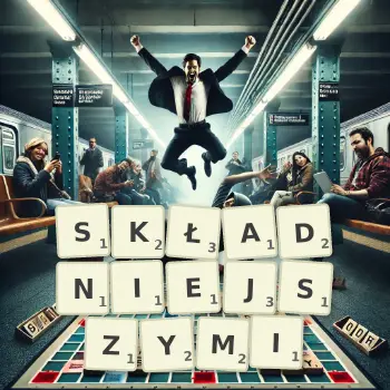 Kreatywna ilustracja do gry w Scrabble ze słowem SKŁADNIEJSZYMI ułożonym z płytek na planszy.