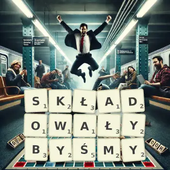 Kreatywna ilustracja do gry w Scrabble ze słowem SKŁADOWAŁYBYŚMY ułożonym z płytek na planszy.