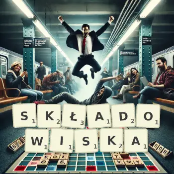 Kreatywna ilustracja do gry w Scrabble ze słowem SKŁADOWISKA ułożonym z płytek na planszy.