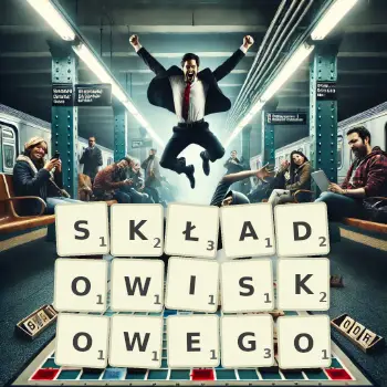 Kreatywna ilustracja do gry w Scrabble ze słowem SKŁADOWISKOWEGO ułożonym z płytek na planszy.