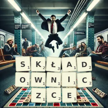 Kreatywna ilustracja do gry w Scrabble ze słowem SKŁADOWNICZCE ułożonym z płytek na planszy.