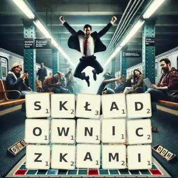 Kreatywna ilustracja do gry w Scrabble ze słowem SKŁADOWNICZKAMI ułożonym z płytek na planszy.
