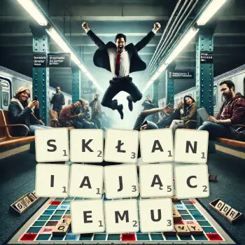 Kreatywna ilustracja do gry w Scrabble ze słowem SKŁANIAJĄCEMU ułożonym z płytek na planszy.