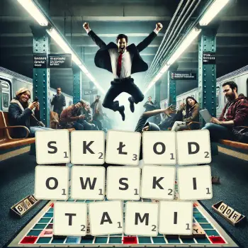 Kreatywna ilustracja do gry w Scrabble ze słowem SKŁODOWSKITAMI ułożonym z płytek na planszy.