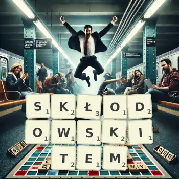 Kreatywna ilustracja do gry w Scrabble ze słowem SKŁODOWSKITEM ułożonym z płytek na planszy.