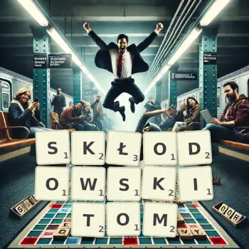 Kreatywna ilustracja do gry w Scrabble ze słowem SKŁODOWSKITOM ułożonym z płytek na planszy.