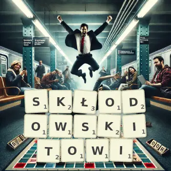 Kreatywna ilustracja do gry w Scrabble ze słowem SKŁODOWSKITOWI ułożonym z płytek na planszy.