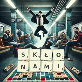 Kreatywna ilustracja do gry w Scrabble ze słowem SKŁONAMI ułożonym z płytek na planszy.