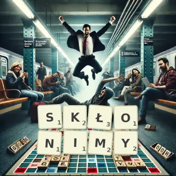 Kreatywna ilustracja do gry w Scrabble ze słowem SKŁONIMY ułożonym z płytek na planszy.