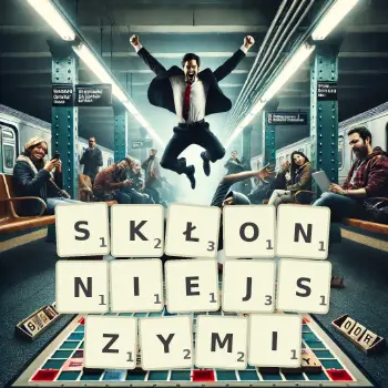 Kreatywna ilustracja do gry w Scrabble ze słowem SKŁONNIEJSZYMI ułożonym z płytek na planszy.