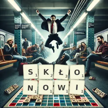 Kreatywna ilustracja do gry w Scrabble ze słowem SKŁONOWI ułożonym z płytek na planszy.