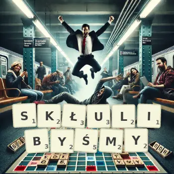 Kreatywna ilustracja do gry w Scrabble ze słowem SKŁULIBYŚMY ułożonym z płytek na planszy.