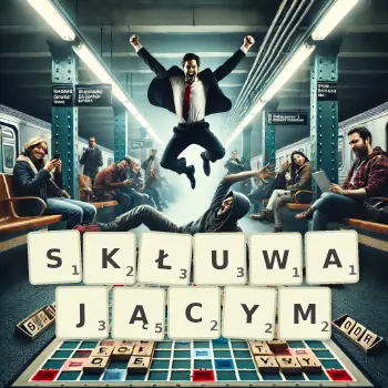 Kreatywna ilustracja do gry w Scrabble ze słowem SKŁUWAJĄCYM ułożonym z płytek na planszy.